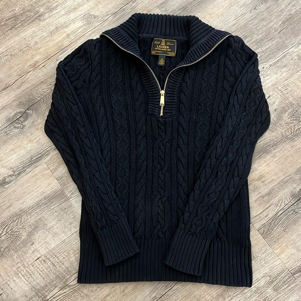 Lauren Ralph Lauren Black
Label - Cable-Knit Cotton 1/4
Zip Black Sweater Size M